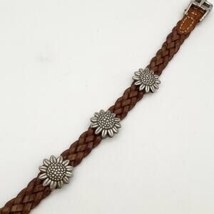 Brighton Braided Brown Leather Rope Antique Silver Sunflower Buckle Bracelet 94